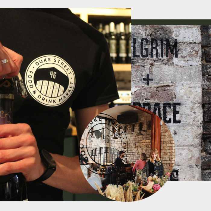 An image of the new Duke Street Market logo on a t shirt, an image of a menu and an image of customers at the market