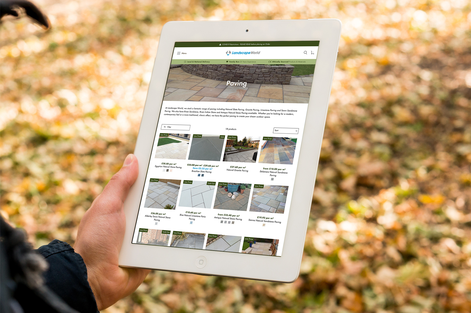 Landscape World new Shopify website displayed on a tablet